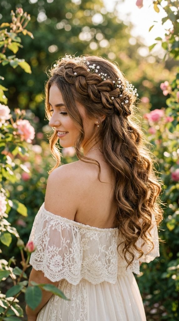 Crown braid with loose curls showing romantic princess aesthetic