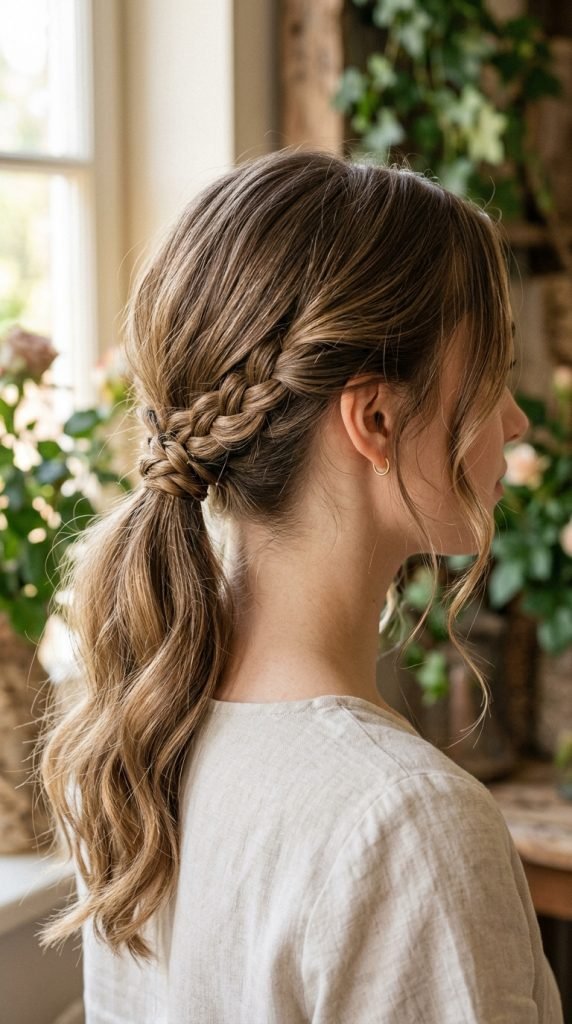 Braided low ponytail with face-framing tendrils showing romantic styling