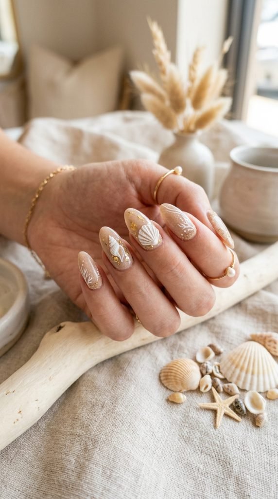 Seashell accent nails on sandy base showing coastal beach-inspired nail art