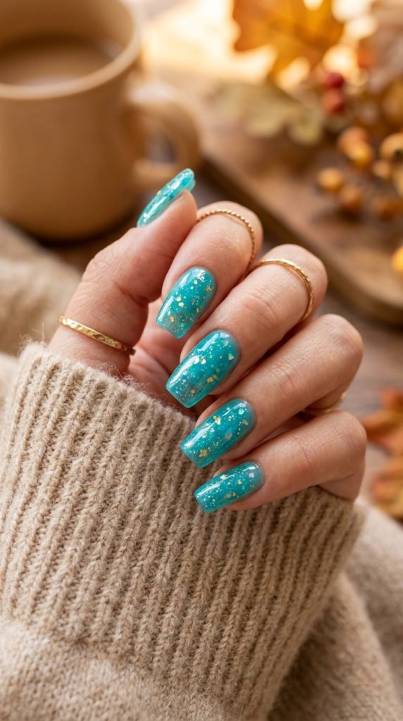 Turquoise jelly nails with glitter showing tropical ocean water-inspired design