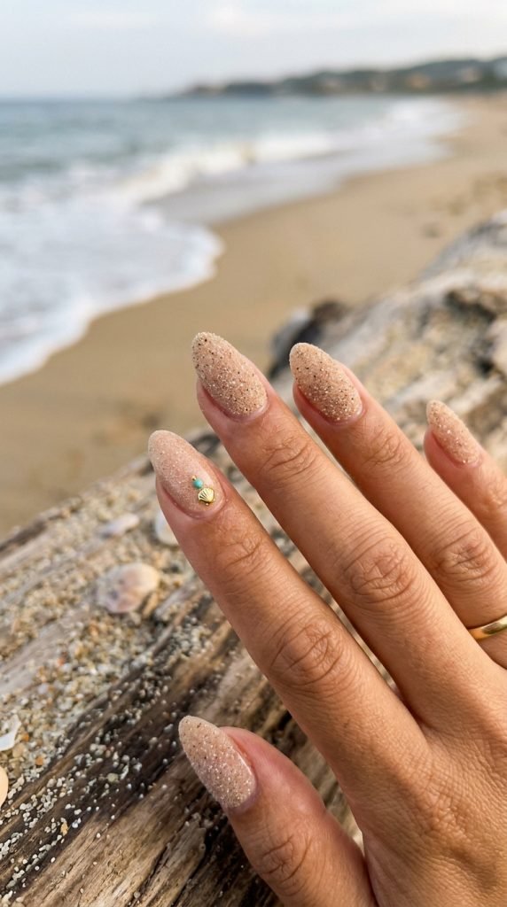 Beach sand textured nude nails showing grainy sandy aesthetic