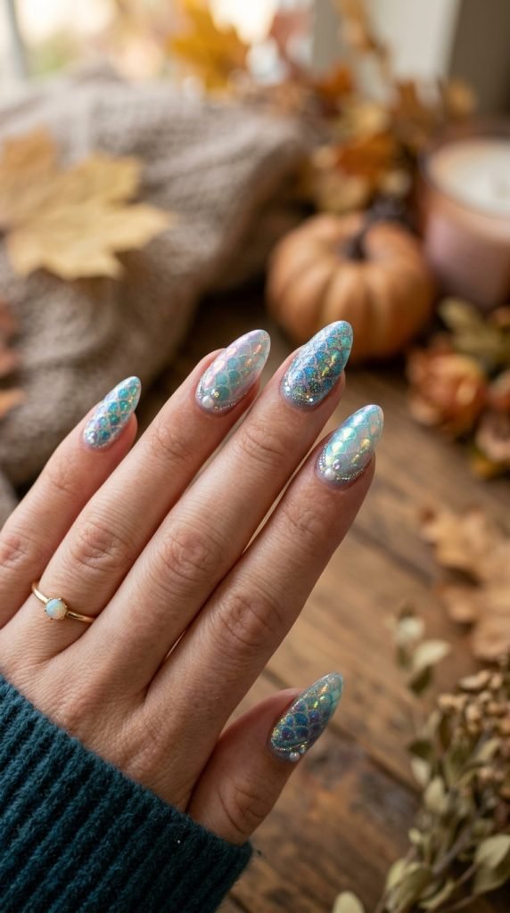 Mermaid scale nails showing iridescent holographic magical ocean aesthetic