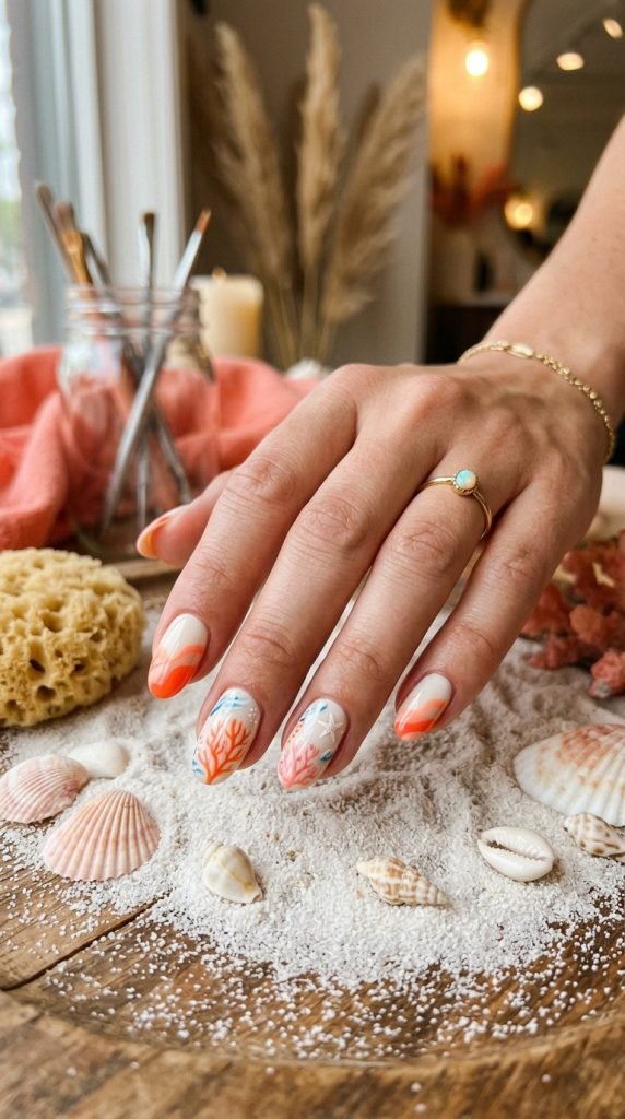 Coral and cream beach nails showing tropical reef-inspired coastal design