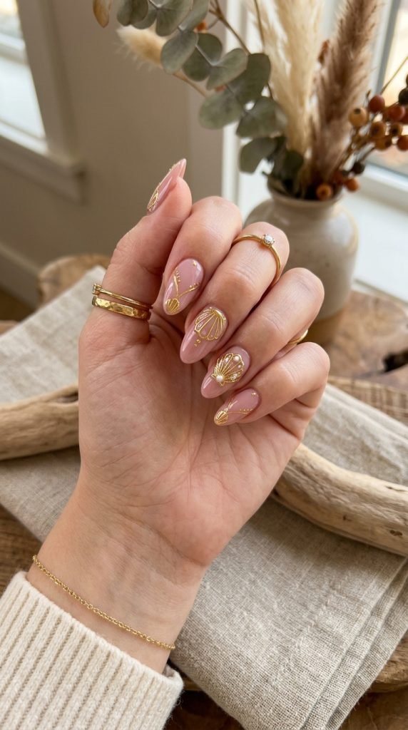 Shell-inspired gold accent nails showing luxe coastal beach aesthetic