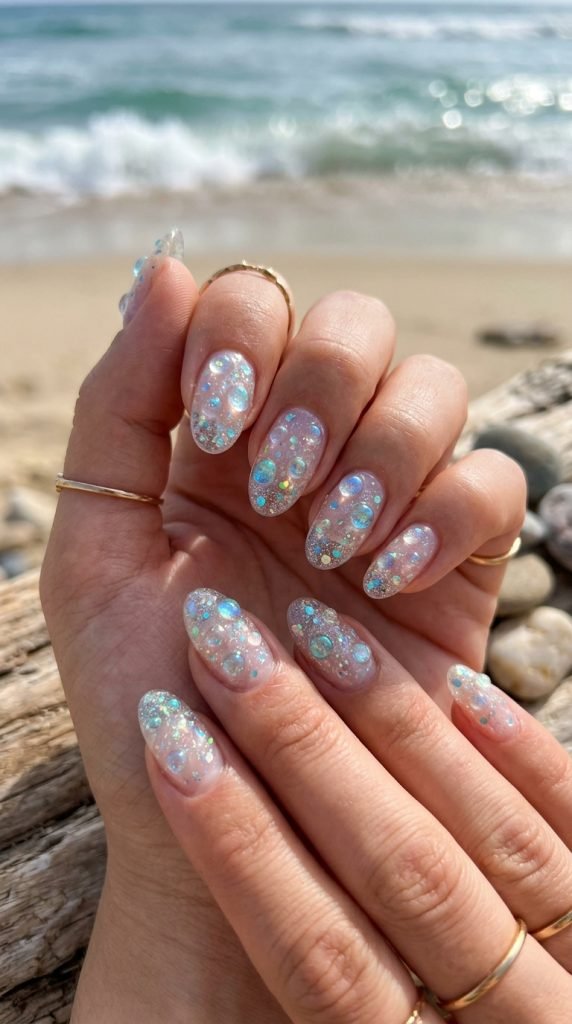 Ocean bubble glitter nails showing whimsical underwater bubble effect