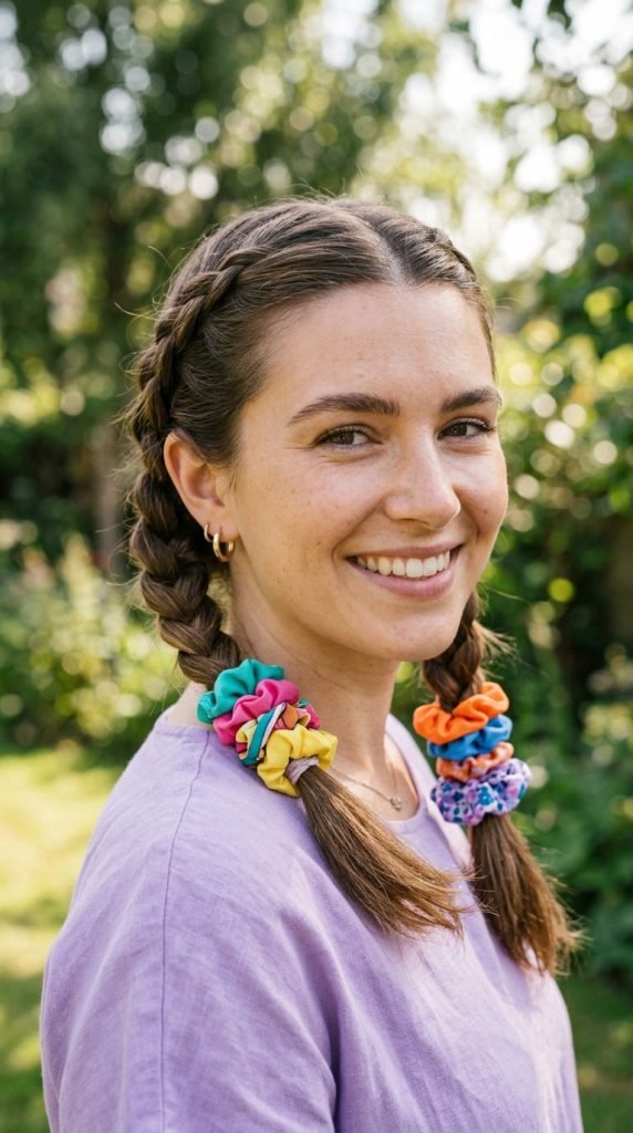 Twin pigtail braids with colorful scrunchies showing playful youthful aesthetic