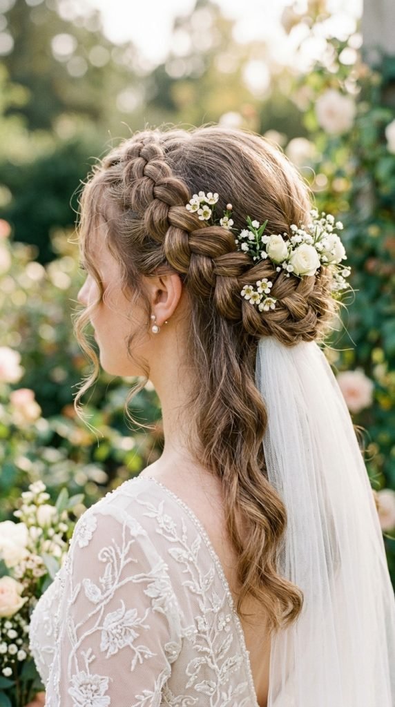 Dutch braid crown hairstyle showing romantic princess-inspired aesthetic