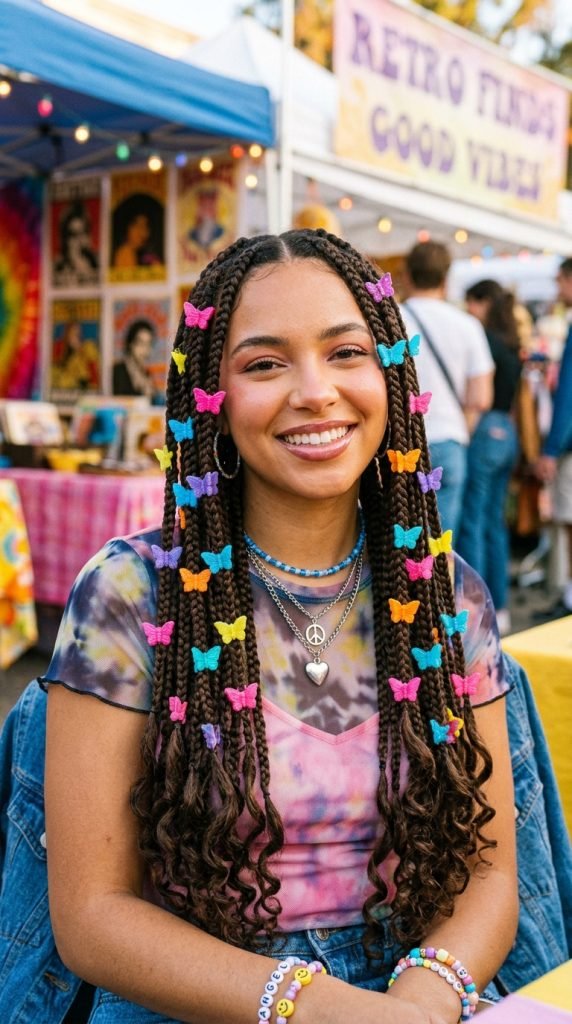 Braids with butterfly clips showing 90s Y2K nostalgic cute aesthetic