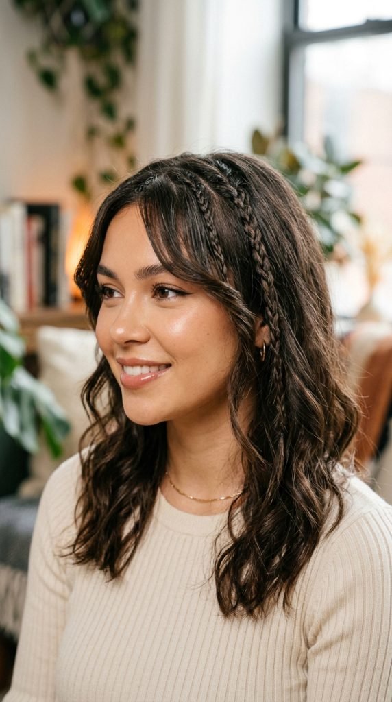 Braided bangs with side part showing cute facial framing styling