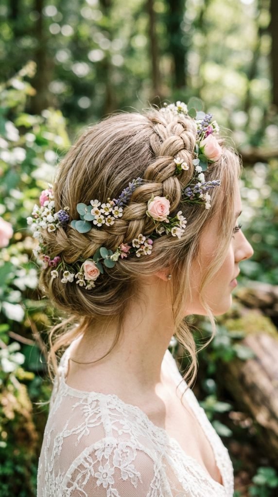 Braided halo with flowers hairstyle showing magical ethereal aesthetic