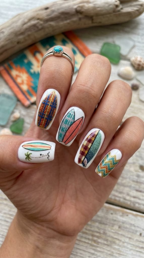 Surfboard design nails showing colorful miniature surf culture aesthetic
