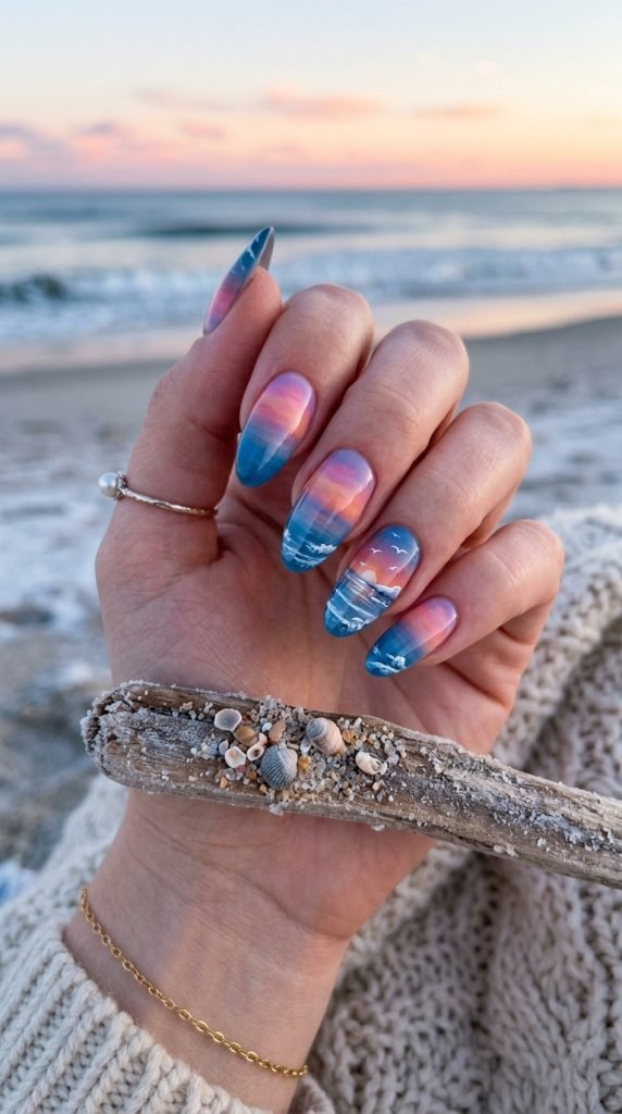 Sunset reflection nails showing sky and ocean mirror effect