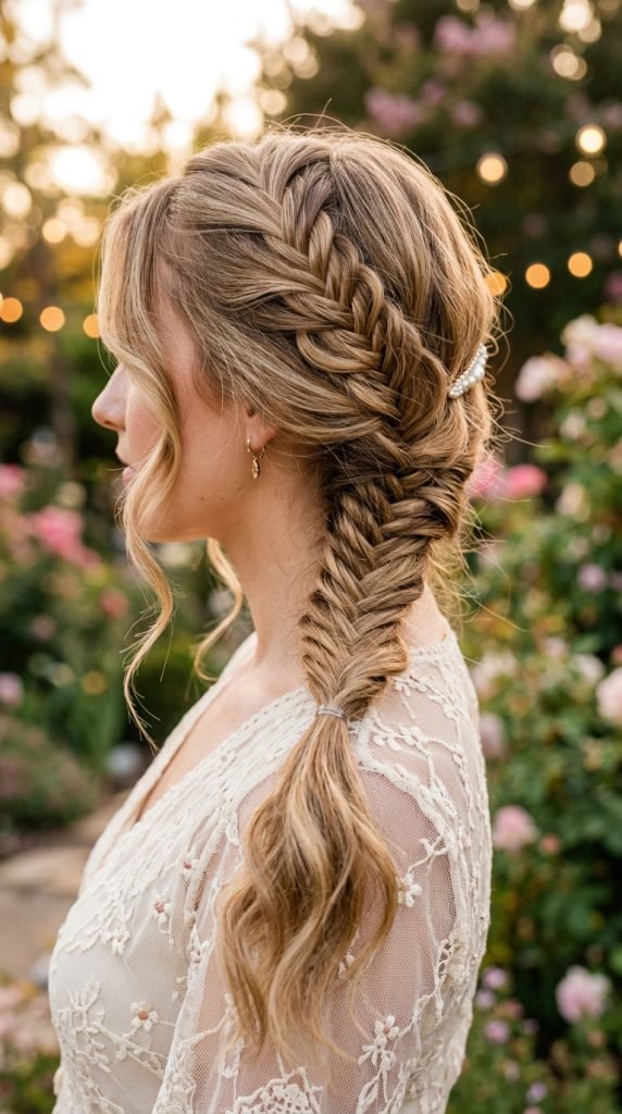Fishtail braid with two strands showing delicate intricate braided pattern