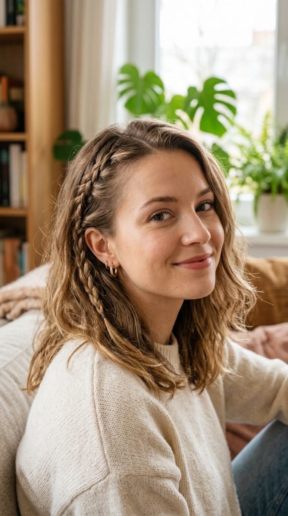 Tiny side braid accents showing minimal casual cute styling