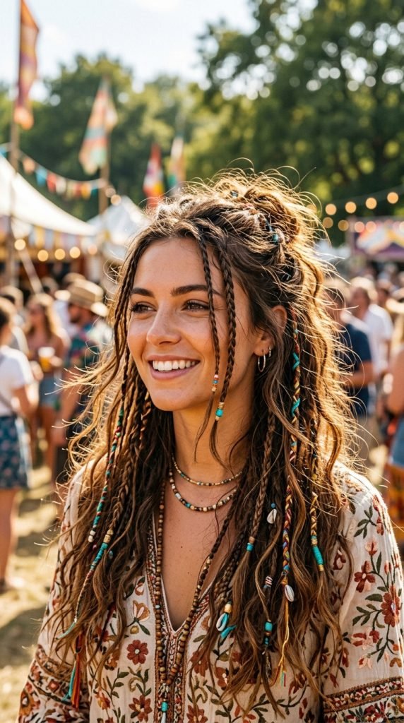 Micro braids scattered throughout hair showing bohemian festival