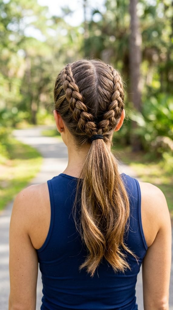 Double Dutch braids into ponytail hairstyle showing athletic sporty cute aesthetic